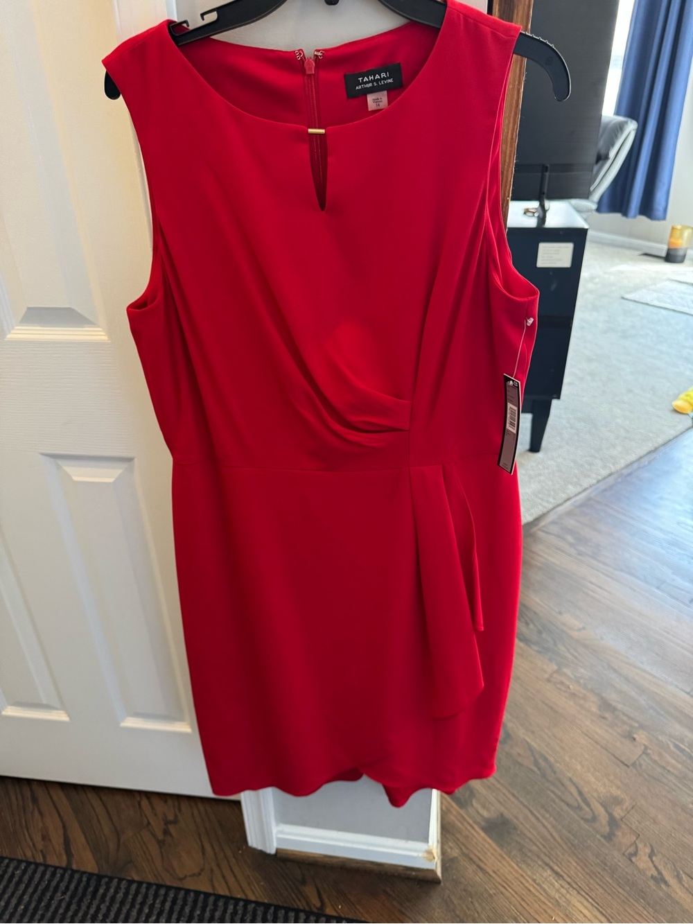 Tahari Red Sleeveless Sheath Dress with Front Drape